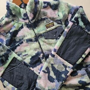 LL Bean Hi Pile Fleece Jacket M Camo FullZip Cozy Outdoor Layer Granola Gorpcore